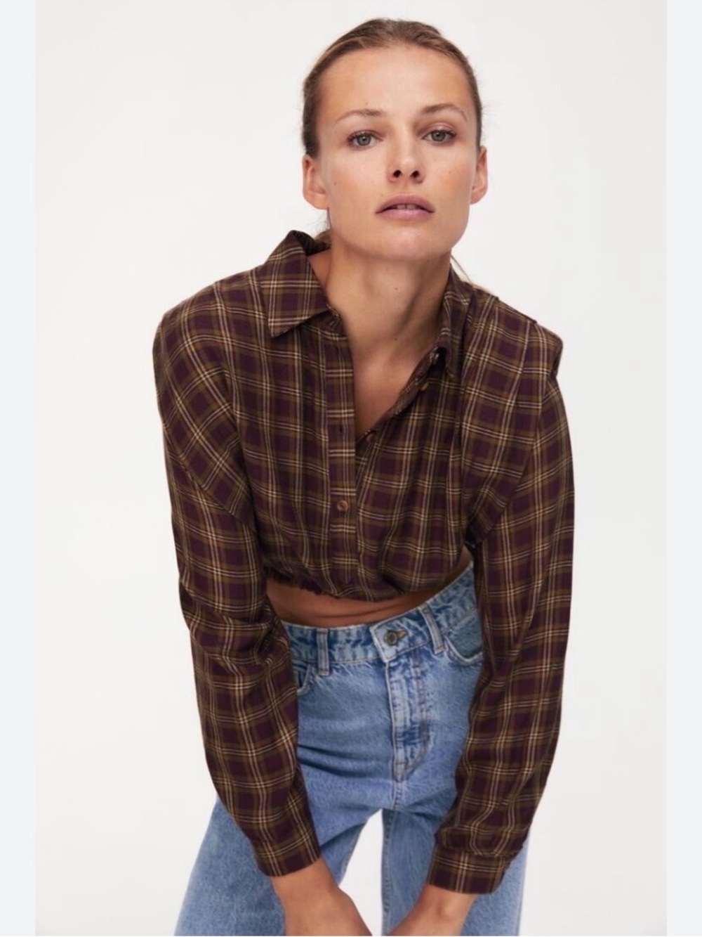 Zara Brown Plaid Cropped Button-Down Shirt
